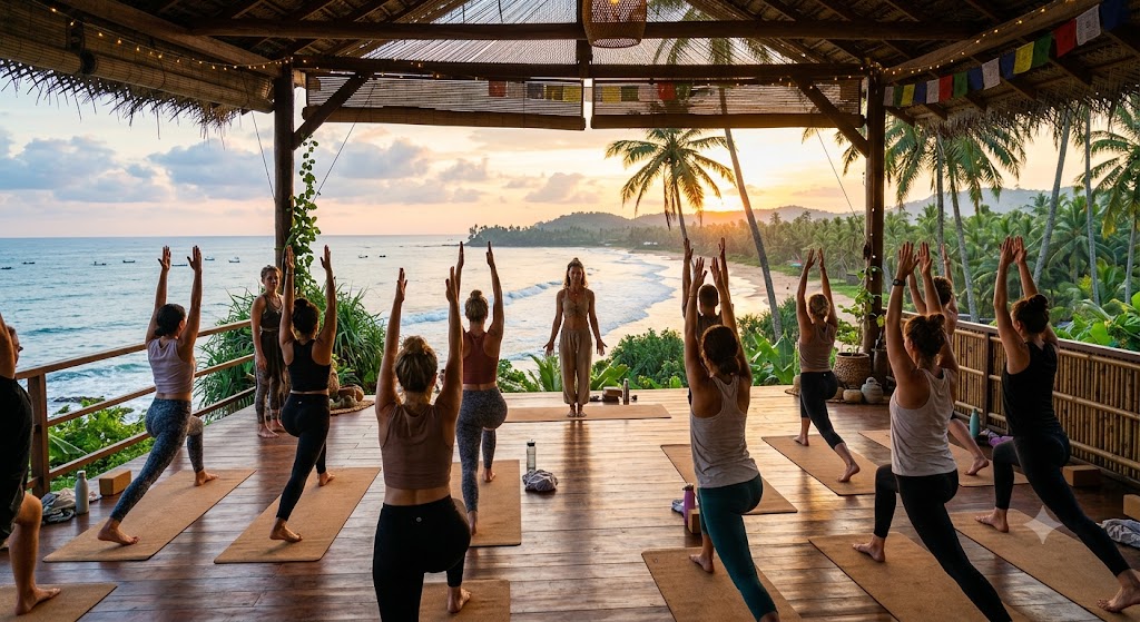 Best time to visit Sri Lanka for yoga teacher training with students practicing yoga near nature
